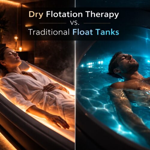 A split image comparing dry flotation therapy with a woman relaxing fully clothed on a warm glowing bed on the left versus a man floating in a traditional saltwater float tank on the right
