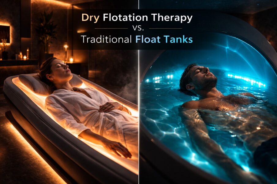 A split image comparing dry flotation therapy with a woman relaxing fully clothed on a warm glowing bed on the left versus a man floating in a traditional saltwater float tank on the right